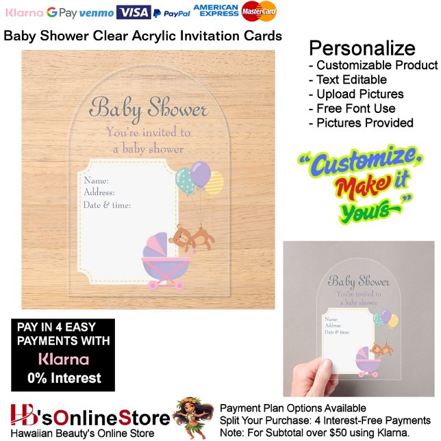 Tarjeta de invitación de acrílico transparente par (Baby Shower Birth Party Supplies Celebrate Clear Acrylic Invitations 10.)