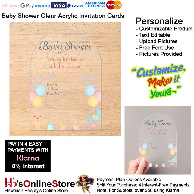 Tarjeta de invitación de acrílico transparente par (Baby Shower Birth Party Supplies Celebrate Clear Acrylic Invitations 14.)