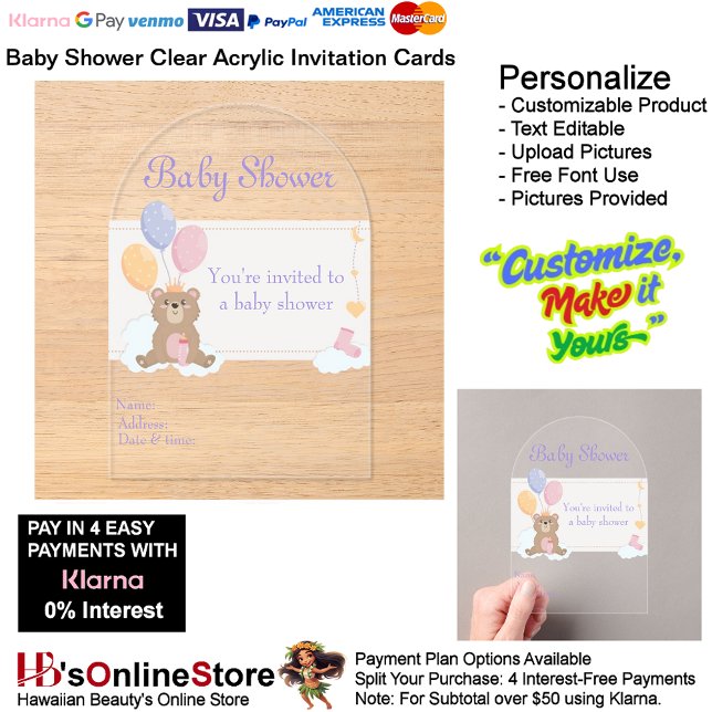 Tarjeta de Invitación de Acrílico Transparente par (Baby Shower Birth Party Supplies Celebrate Clear Acrylic Invitations 6.)