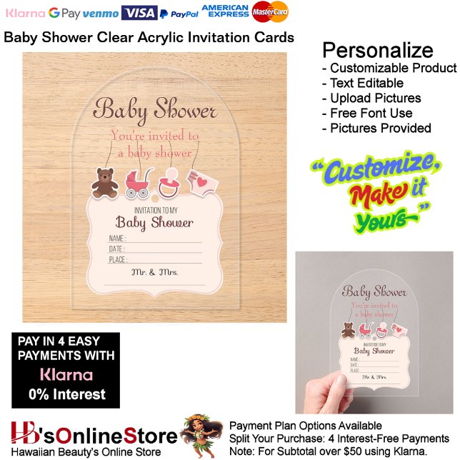Tarjeta de invitación de acrílico transparente par (Baby Shower Birth Party Supplies Celebrate Clear Acrylic Invitations 12.)