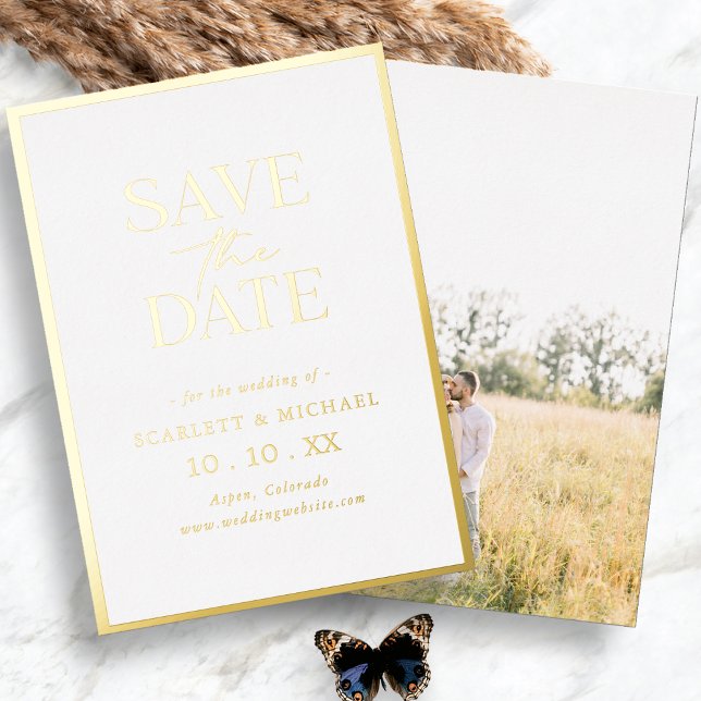 Tarjeta de invitación de ahorro de fecha con foto  (Simple Minimalist Modern Gold Photo Save The Date Foil Invitation by Painted Paperie
)