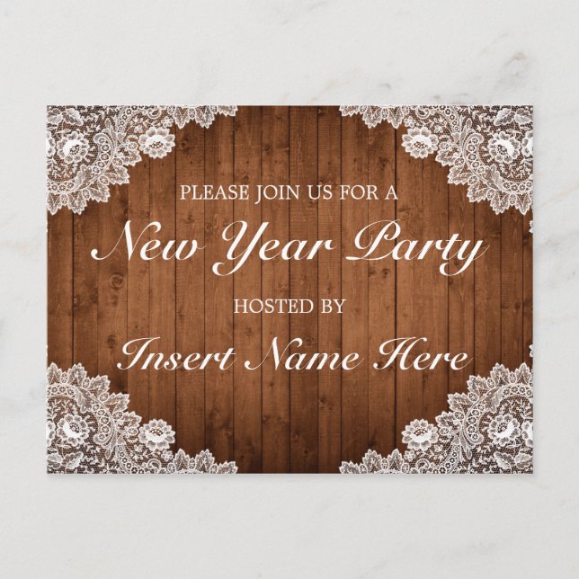 Tarjeta de invitación de Año Nuevo de Madera Rústi (Anverso)