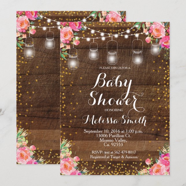Tarjeta de invitación de Baby Shower con flores ro (Anverso / Reverso)