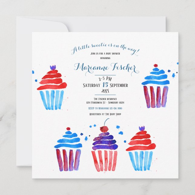 Tarjeta de invitación de Baby Shower de cupcakes e (Anverso)