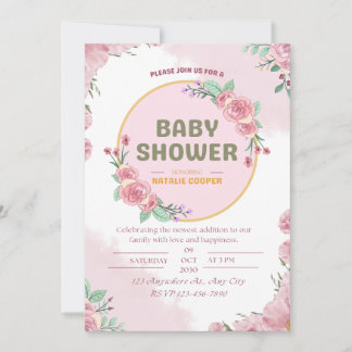Tarjeta de invitación de baby shower floral rosa.