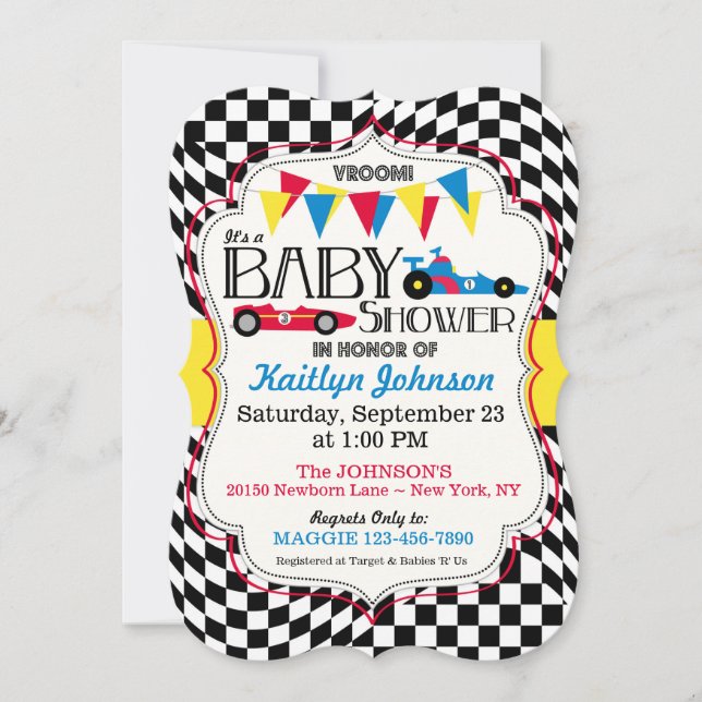 Tarjeta de invitación de Baby Shower Race Car (Anverso)