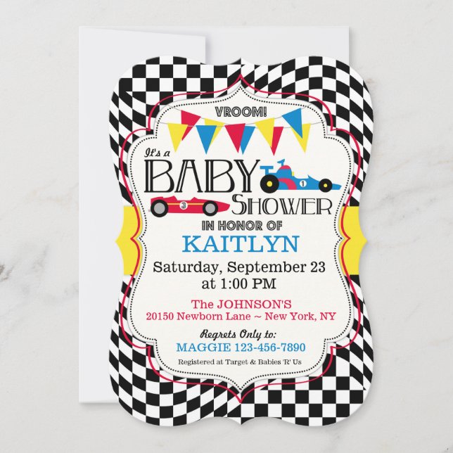 Tarjeta de invitación de Baby Shower Race Car (Anverso)