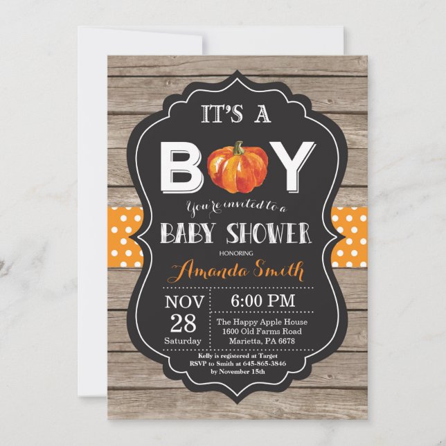 Tarjeta de invitación de Baby Shower Rustic Pumpki (Anverso)