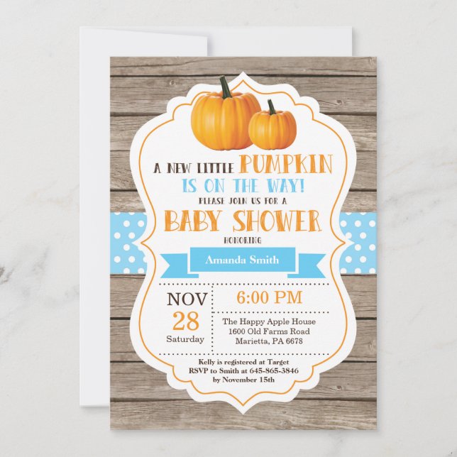 Tarjeta de invitación de Baby Shower Rustic Pumpki (Anverso)