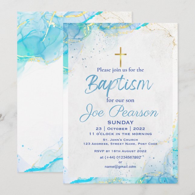 Tarjeta de Invitación de Bautizo Azul con Estilo p (Anverso / Reverso)