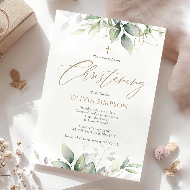Tarjeta de Invitación de Bautizo con Acuarela de V (Greenery Watercolor Christening Invitation Card)