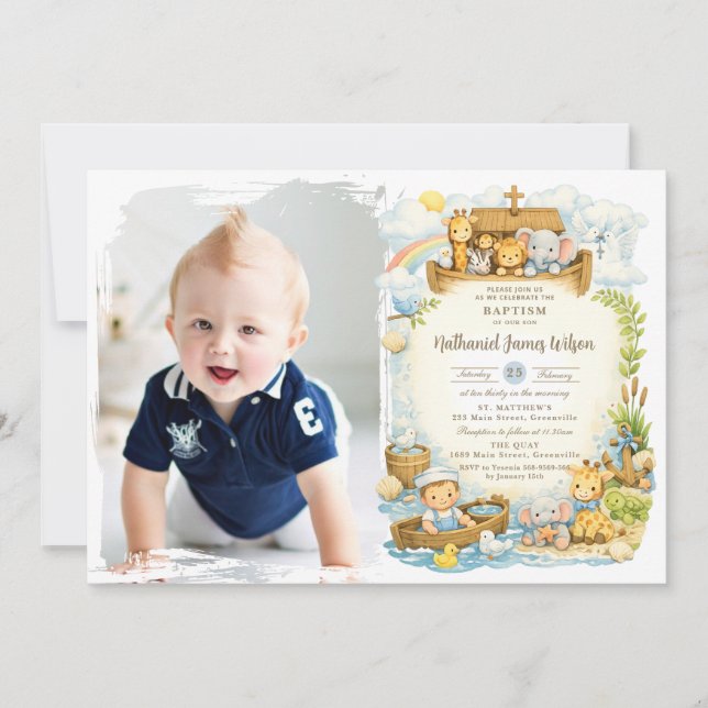 Tarjeta de Invitación de Bautizo con Foto de Niño  (Anverso)
