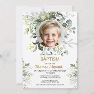 Tarjeta de Invitación de Bautizo con Foto y Verde 