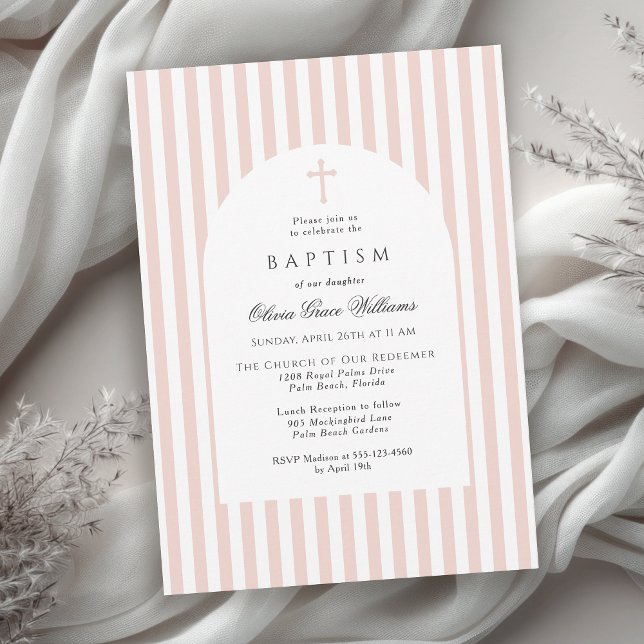 Tarjeta de Invitación de Bautizo con Rayas Rosadas (Available in both printed and instant download digital formats.)