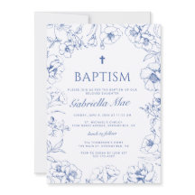 Tarjeta de Invitación de Bautizo Floral Azul Tradi