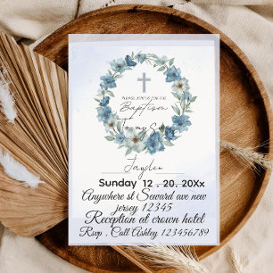 Tarjeta de invitación de bautizo floral azul vinta