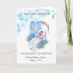 Tarjeta de Invitación de Bautizo Niño Flores Azule