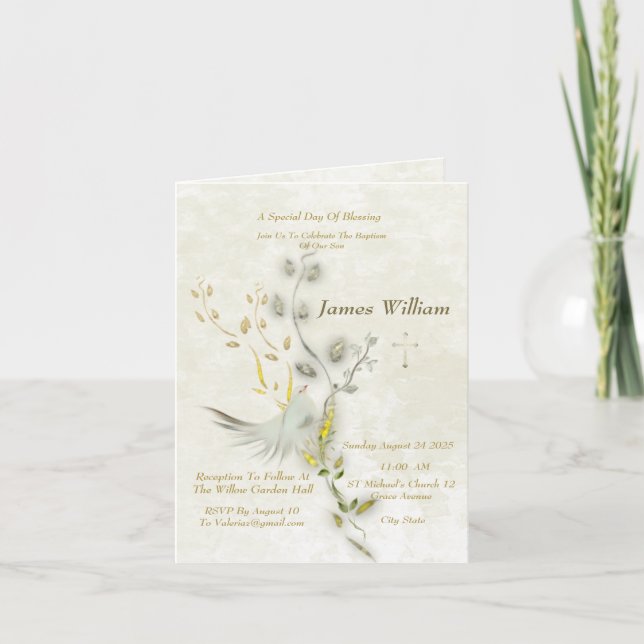 Tarjeta de Invitación de Bautizo Paloma Elegante (Anverso)