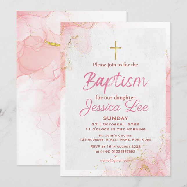 Tarjeta de invitación de bautizo para hija rosa el (Anverso / Reverso)
