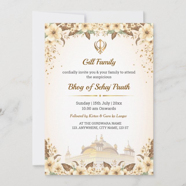 Tarjeta de invitación de Bhog de Sehaj Path, tarje (Anverso)