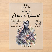 Tarjeta de invitación de boda acuarela vestido neg