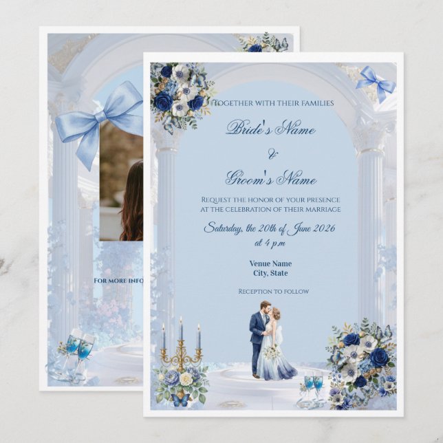 Tarjeta de Invitación de Boda Algo Azul (Anverso / Reverso)