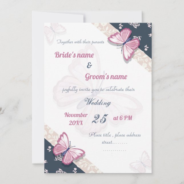 tarjeta de invitación de boda azul marino rosa mar (Anverso)