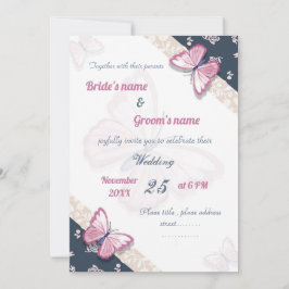 tarjeta de invitación de boda azul marino rosa mar