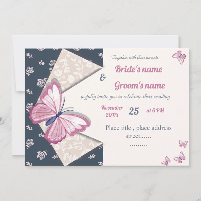 tarjeta de invitación de boda azul marino rosa mar (Anverso)
