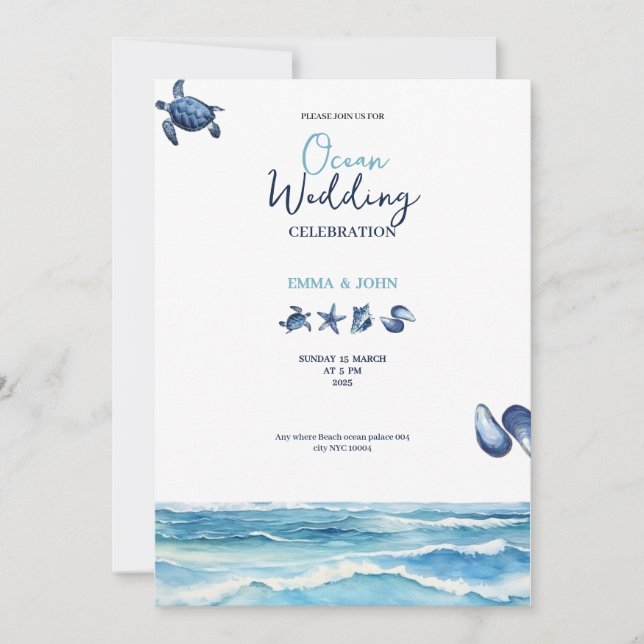 Tarjeta de invitación de boda azul vibraciones de  (Anverso)