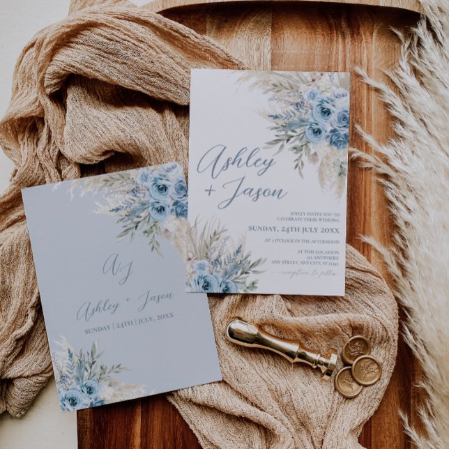 Tarjeta de invitación de boda Boho Dusty Blue Pamp (Boho Dusty Blue Pampas Wedding Invitation Card)