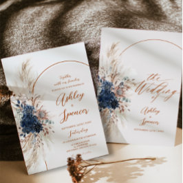 Tarjeta de Invitación de Boda Boho Navy Pampas