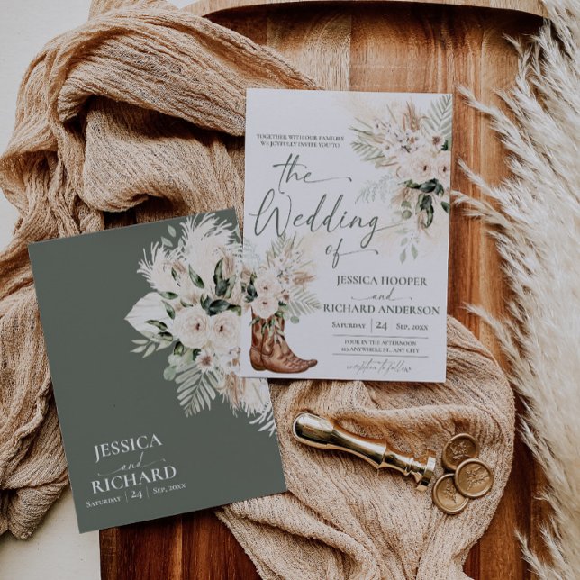Tarjeta de invitación de boda boho occidental con  (Greenery Western Boho Wedding Invitation Card (Front and Back))