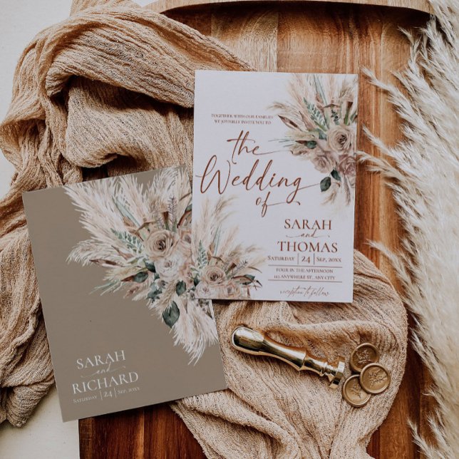 Tarjeta de Invitación de Boda Boho Otoño Tono Rúst (Desert Fall Wedding Invite Template Printable | Neutral Beige Terracotta Pampas)