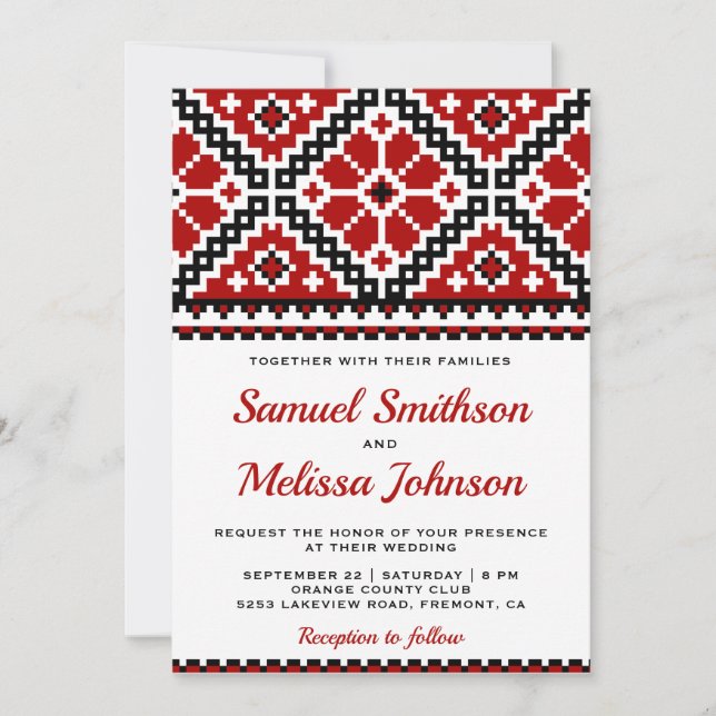 Tarjeta de Invitación de Boda Bordada en Rojo y Ne (Anverso)