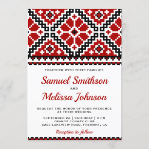 Tarjeta de Invitación de Boda Bordada en Rojo y Ne