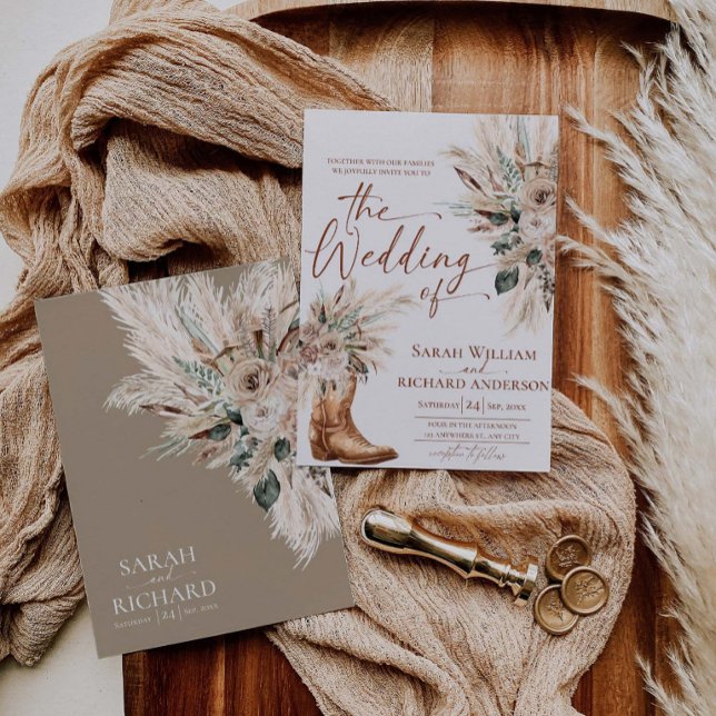 Tarjeta de Invitación de Boda Botas Florales de Ot (Western Fall Floral Boots Wedding Invitation Card)