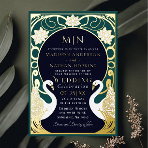 Tarjeta de Invitación de Boda Cisnes Art Nouveau E