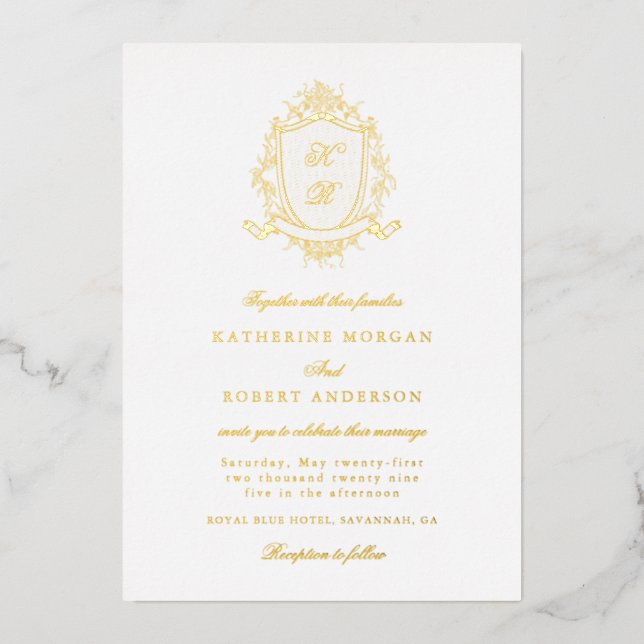Tarjeta de Invitación de Boda Clásica con Cresta F (Anverso)