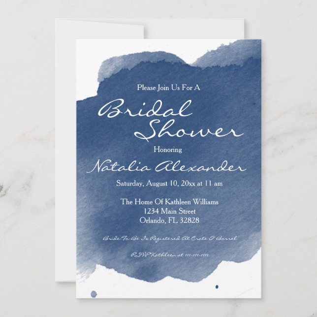 Tarjeta de Invitación de Boda con Acuarela Azul Os (Anverso)