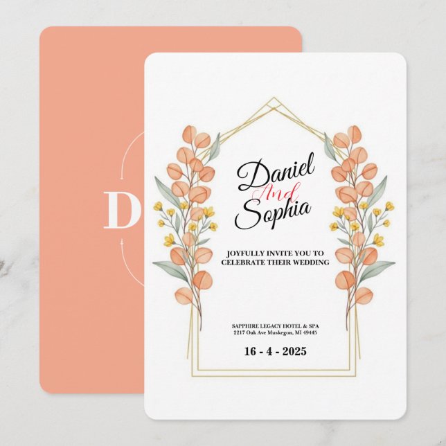 Tarjeta de invitación de boda con arco de vegetaci (Anverso / Reverso)