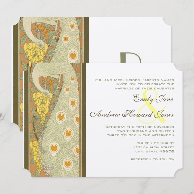 Tarjeta de invitación de boda con aves de pavo rea (Anverso / Reverso)