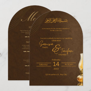 Tarjeta de invitación de boda con caligrafía árabe