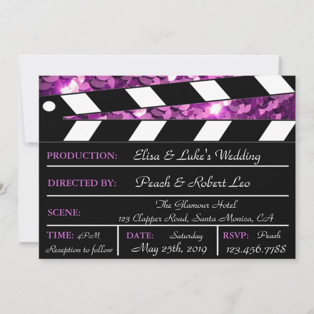 Tarjeta de Invitación de Boda con Claqueta de Glam (Anverso)