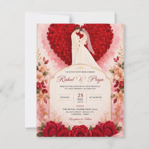 Tarjeta de invitación de boda con corazón de rosas