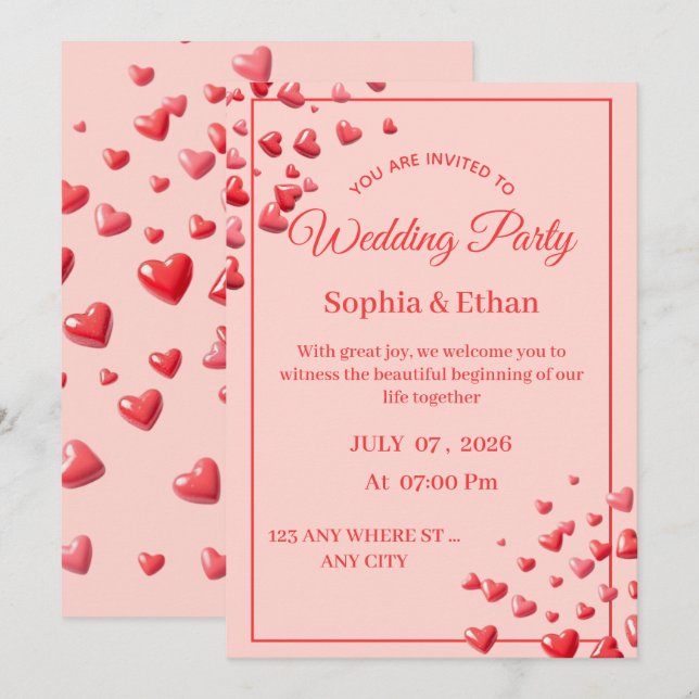 Tarjeta de Invitación de Boda con Corazón Romántic (Anverso / Reverso)