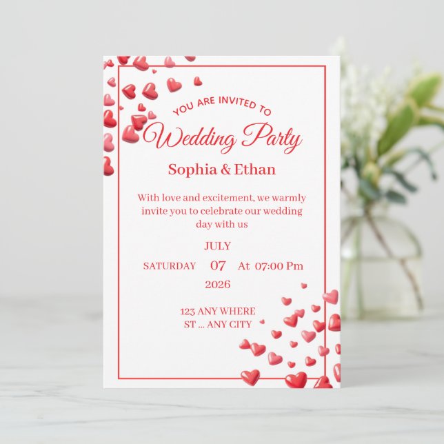 Tarjeta de invitación de boda con corazón rosa per (Anverso de pie)