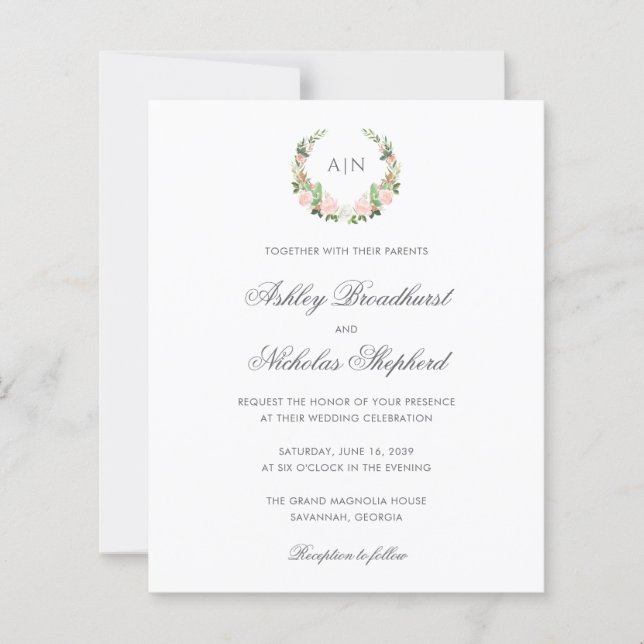 Tarjeta de invitación de boda con cresta floral de (Anverso)