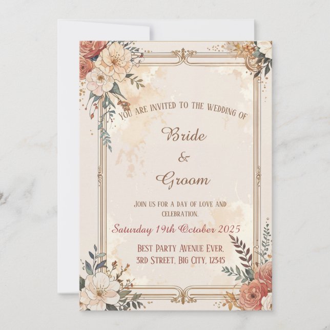 Tarjeta de Invitación de Boda con Detalle de Flor  (Anverso)