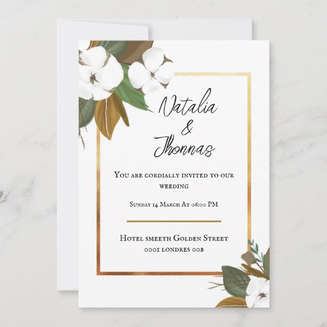 Tarjeta de invitación de boda con flor blanca (Anverso)